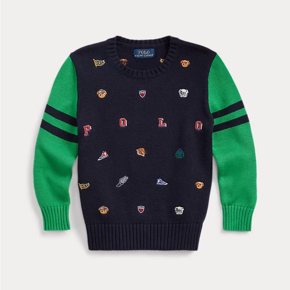 Polo Ralph Lauren Navy and Green Boys embroidered Cotton Sweater. Size L